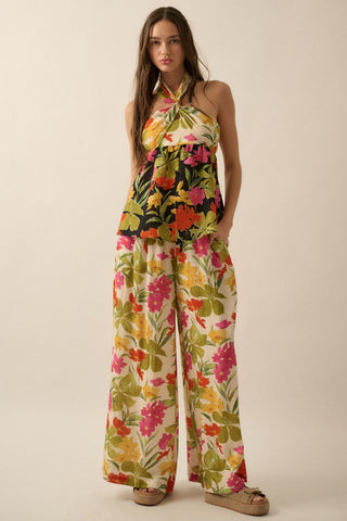 Two-Tone Floral Convertible Flyaway Halter Top (Black)