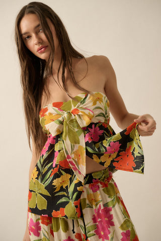 Two-Tone Floral Convertible Flyaway Halter Top (Black)