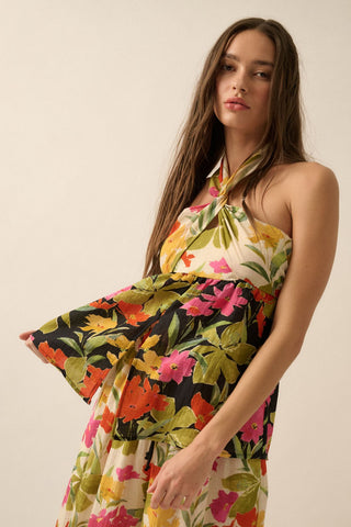 Two-Tone Floral Convertible Flyaway Halter Top (Black)