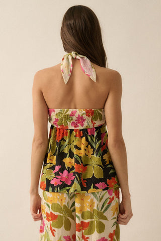 Two-Tone Floral Convertible Flyaway Halter Top (Black)