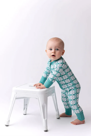 Teal Plaid Zipper Romper