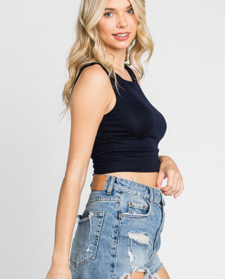 Solid Cropped Round Neck Tank (Navy)
