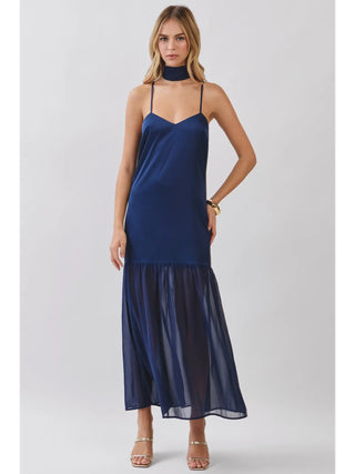 Chiffon Scarf Accent Maxi Dress (Navy)