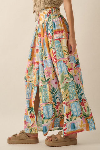 Multicolor Floral Yoke-Waist Buttoned Maxi Skirt (Cream)