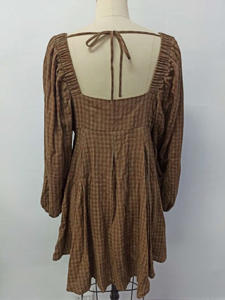 Check Long Sleeve Dress (Brown)