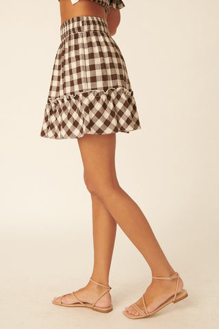 Plaid Elastic Waist Ruffle Hem Mini Skirt (Chocolate)