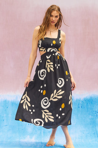 Abstract Printed Cutout Maxi Dress (Black) ONLINE EXCLUSIVE