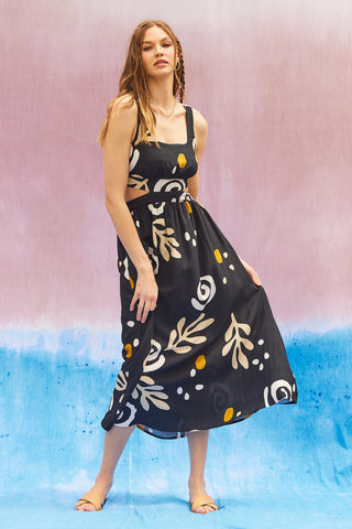 Abstract Printed Cutout Maxi Dress (Black) ONLINE EXCLUSIVE