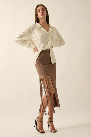 Rib Knit Asymmetrical Fringe Hem Midi Skirt (Brown)  ONLINE EXCLUSIVE