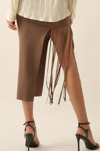 Rib Knit Asymmetrical Fringe Hem Midi Skirt (Brown)  ONLINE EXCLUSIVE