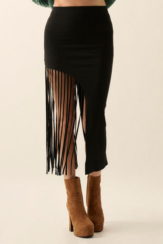 Rib Knit Asymmetrical Fringe Hem Midi Skirt (Black) ONLINE EXCLUSIVE