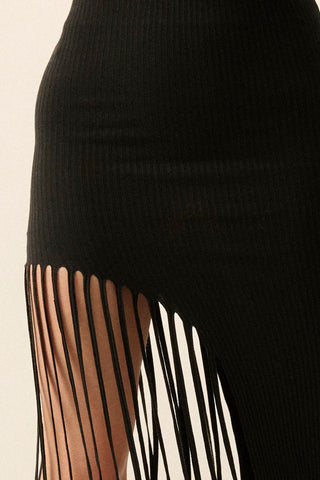 Rib Knit Asymmetrical Fringe Hem Midi Skirt (Black) ONLINE EXCLUSIVE