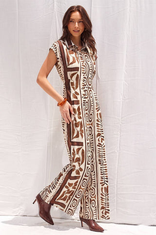 Printed Cut Out Back Jumpsuit (BROWN)