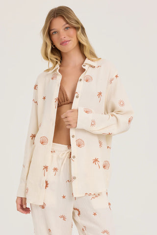 Gauze Button Up w/ All Over Embroidery (Sand/Caramel)