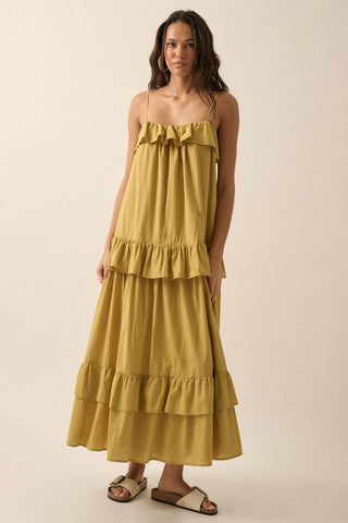 Solid Tiered Ruffle Open Back Maxi Dress (Warm Olive)
