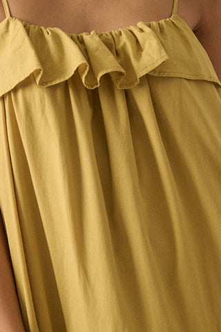 Solid Tiered Ruffle Open Back Maxi Dress (Warm Olive)