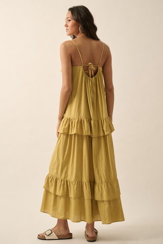 Solid Tiered Ruffle Open Back Maxi Dress (Warm Olive)