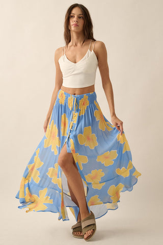 Floral Smocked Elastic-Waistband Maxi Skirt (Blue)