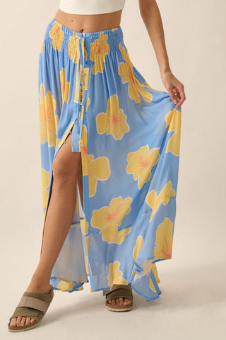 Floral Smocked Elastic-Waistband Maxi Skirt (Blue)