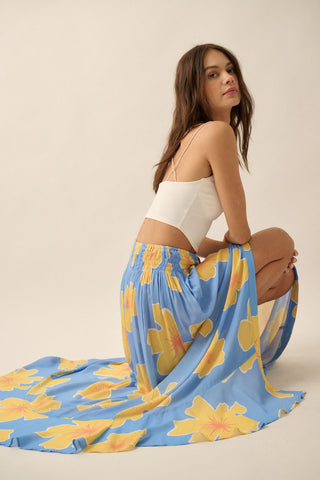 Floral Smocked Elastic-Waistband Maxi Skirt (Blue)