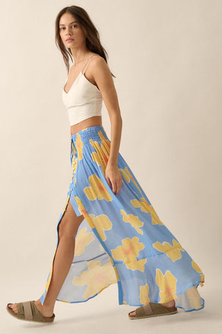 Floral Smocked Elastic-Waistband Maxi Skirt (Blue)