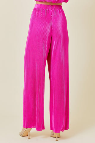 Pleated Woven High Waisted Wide Leg Long Pants (Fuschia)