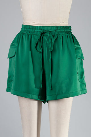 Satin Elastic Waist Drawstring Cargo Pockets Short (Kelly Green)