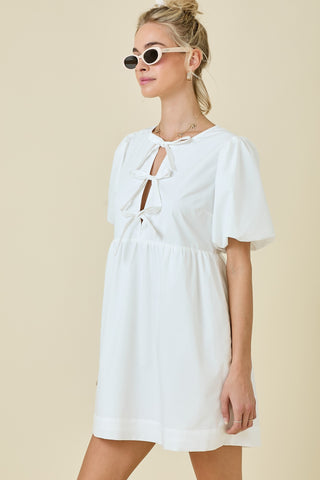 Tie Open V Neck Dress (White)