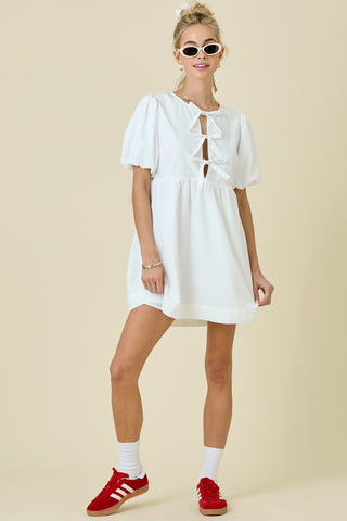 Tie Open V Neck Dress (White)