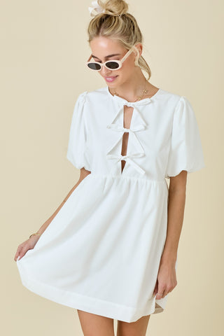 Tie Open V Neck Dress (White)