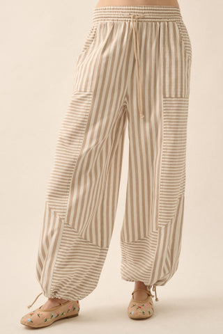 Striped Cotton Drawstring Parachute Pants (Taupe)