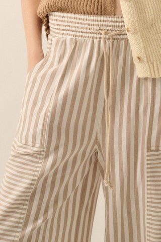Striped Cotton Drawstring Parachute Pants (Taupe)
