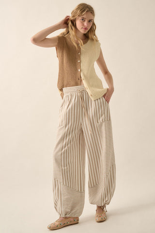 Striped Cotton Drawstring Parachute Pants (Taupe)