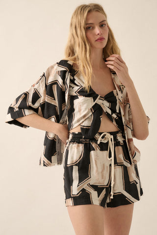 Abstract-Print Woven Drawstring Pocket Shorts (Black)