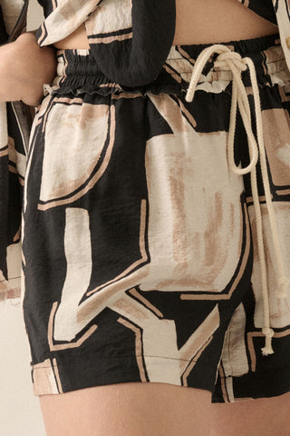 Abstract-Print Woven Drawstring Pocket Shorts (Black)