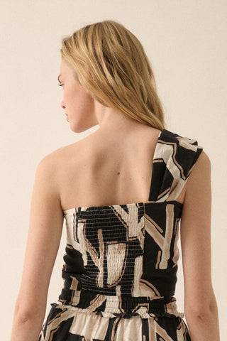 Abstract-Print One-Shoulder Wrap Bandeau Top (Black)