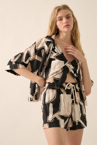 Abstract-Print Colorblock 3/4-Sleeve Shirt (Black)