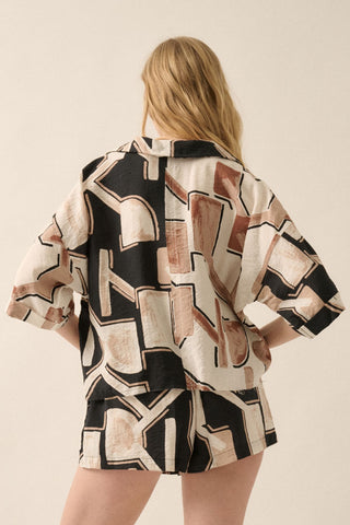 Abstract-Print Colorblock 3/4-Sleeve Shirt (Black)