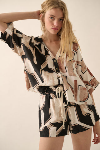 Abstract-Print Colorblock 3/4-Sleeve Shirt (Black)