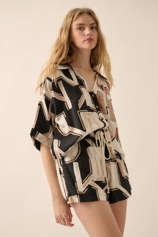 Abstract-Print Colorblock 3/4-Sleeve Shirt (Black)