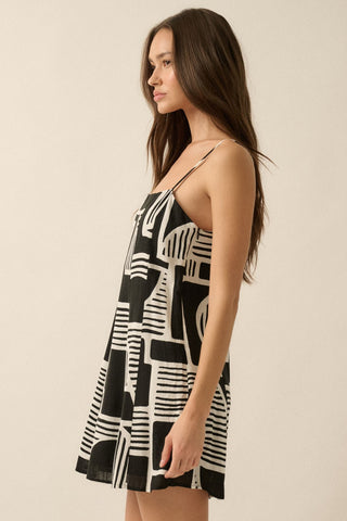 Abstract-print A-line Cami Mini Dress (Black)