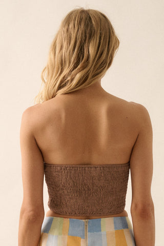 Solid Woven Ruffled Strapless Cropped Tube Top (Mocha)