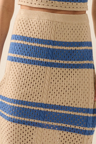 Striped Pointelle Crochet-Knit Maxi Sweater Skirt (Natural)