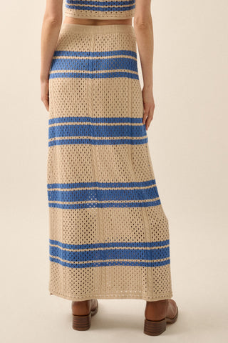 Striped Pointelle Crochet-Knit Maxi Sweater Skirt (Natural)