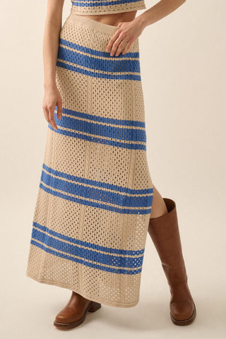 Striped Pointelle Crochet-Knit Maxi Sweater Skirt (Natural)