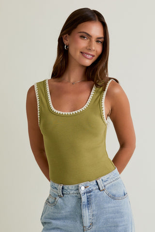 Edge Embroidery Sleeveless Bodysuit (Olive)