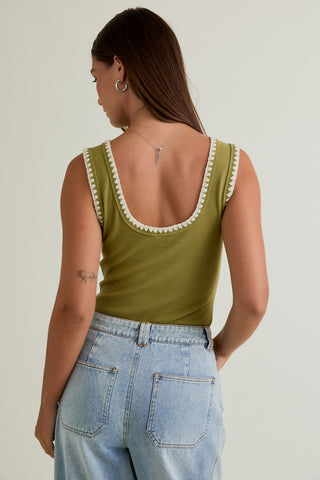 Edge Embroidery Sleeveless Bodysuit (Olive)