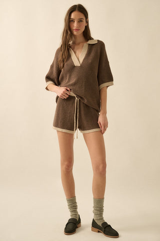 Solid Knit Contrast Sweater Shorts (Espresso)