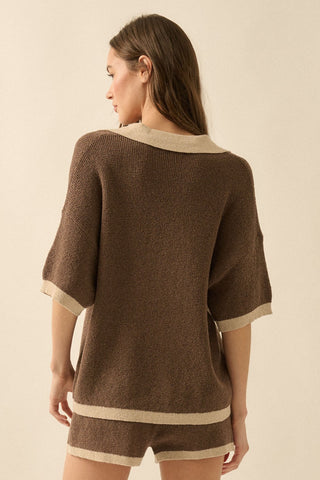 Solid Knit Contrast Short-sleeve Polo Sweater (Espresso)