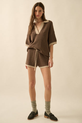Solid Knit Contrast Short-sleeve Polo Sweater (Espresso)